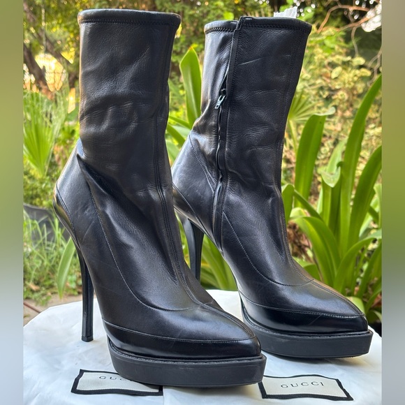Gucci 38 wimbledon black leather platform ankle boots - Picture 1 of 7